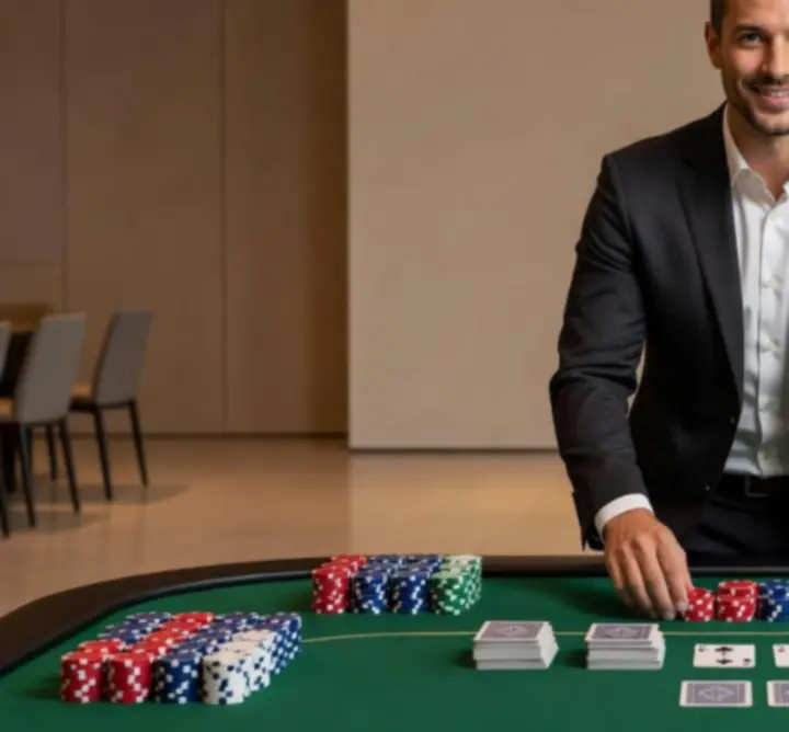Professional poker host standing beside neatly arranged tables and premium equipment