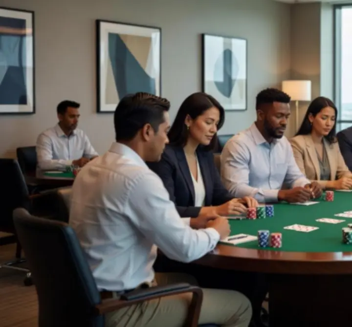 Corporate group playing offline poker together at an organised event