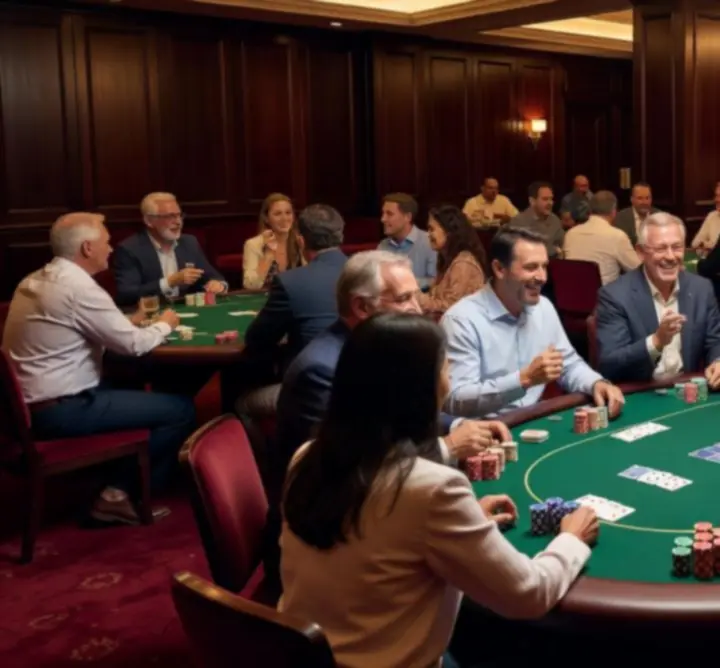 Group enjoying an offline poker social night at a professionally hosted event