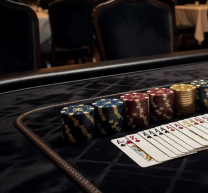 Professional offline poker event setup with green poker table and chips