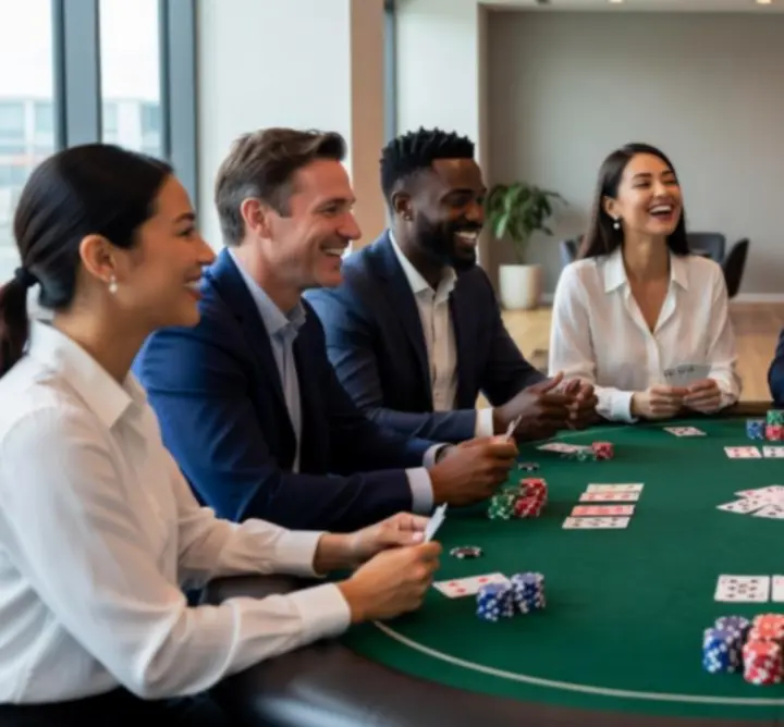 Group gathered around an offline poker table enjoying a social game